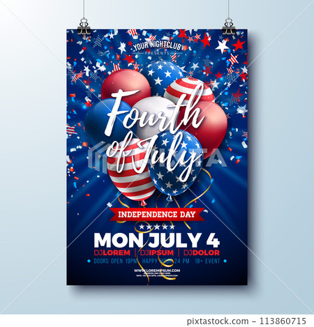 Independence Day of the USA Party Flyer Design with American Flag Pattern Party Balloon and Falling Confetti. Vector Fourth of July Design on Dark Background for Celebration Banner, Greeting Card 113860715