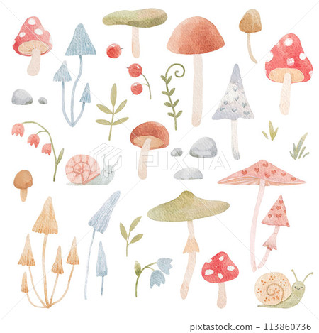 Cute illustration with watercolor hand drawn abstract forest mushrooms flowers and snails. Kids clip art. Nice mushroom illustration. Cute illustration with watercolor hand drawn abstract forest mushrooms flowers and snails. Kids clip art. Nice mushroom illustration. 113860736