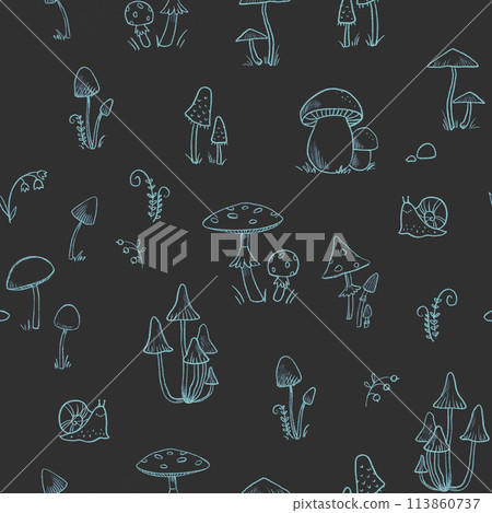 Cute seamless pattern with digital hand drawn abstract forest mushrooms flowers and snails. Kids wallpapers. Nice mushroom pattern. Cute seamless pattern with digital hand drawn abstract forest mushrooms flowers and snails. Kids wallpapers. Nice mushroom pattern. 113860737
