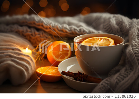 cup of hot tea with lemon on the table near a warm knitted scarf. warmth at home during 113861020