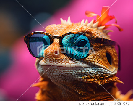 portrait of a chameleon iguana wearing glasses and fashionable stylish clothes 113861022