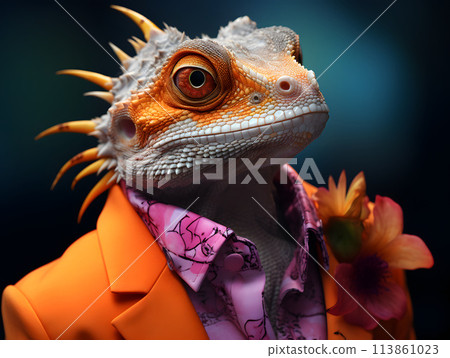 portrait of a chameleon iguana wearing fashionable stylish clothes 113861023