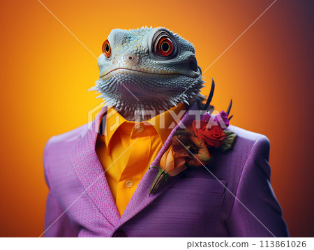 portrait of a chameleon iguana wearing fashionable stylish clothes 113861026