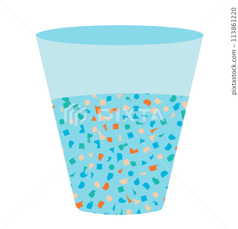 Micro plastic pollution concept. Microplastic in water. Environmental pollution by toxic waste. Toxic pieces in glass of water. Vector illustration isolated on white background. 113861220