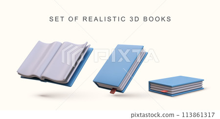 3d realistic set of realistic blue books on white background. Vector illustration. 113861317