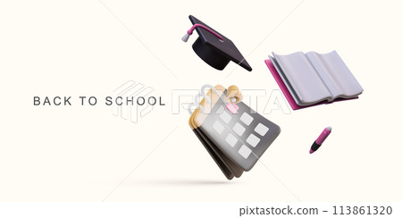 3d realistic back to school concept on white background. Vector illustration. 3d realistic back to school concept on white background. Vector illustration. 113861320