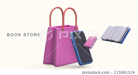3d realistic online book store on white background. Vector illustration. 113861324