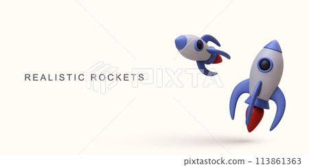 3d realistic two blue rockets on white background. Vector illustration. 113861363