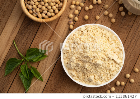 Instant soy milk powder in white plate,Alternative milk,healthy concept.Top view 113861427