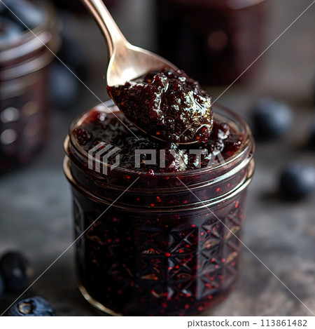 Blueberry jam. Spoon scooping homemade blueberry jam from a glass jar surrounded by fresh blueberries Blueberry jam. Spoon scooping homemade blueberry jam from a glass jar surrounded by fresh blueberries 113861482