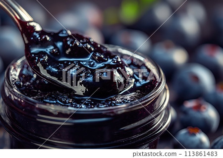 Blueberry jam. Spoon scooping homemade blueberry jam from a glass jar surrounded by fresh blueberries Blueberry jam. Spoon scooping homemade blueberry jam from a glass jar surrounded by fresh blueberries 113861483