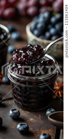Blueberry jam. Spoon scooping homemade blueberry jam from a glass jar surrounded by fresh blueberries Blueberry jam. Spoon scooping homemade blueberry jam from a glass jar surrounded by fresh blueberries 113861484