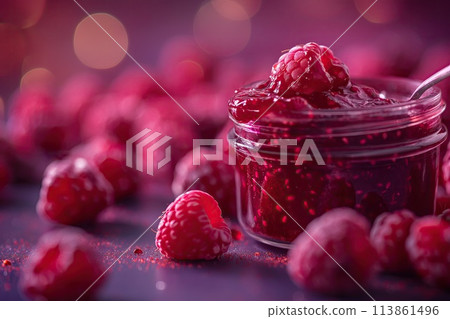 Raspberry jam. Spoon scooping homemade raspberry jam from a glass jar surrounded by fresh raspberries 113861496