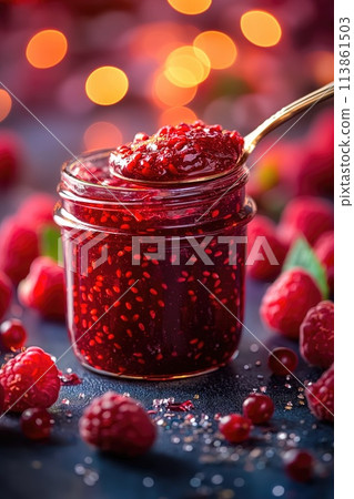 Raspberry jam. Spoon scooping homemade raspberry jam from a glass jar surrounded by fresh raspberries 113861503