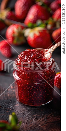 Strawberry jam. Spoon scooping homemade strawberry jam from a glass jar surrounded by fresh strawberries. 113861509