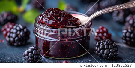 Blackberry jam. Spoon scooping homemade blackberry jam from a glass jar surrounded by fresh blackberries. Blackberry jam. Spoon scooping homemade blackberry jam from a glass jar surrounded by fresh blackberries. 113861528