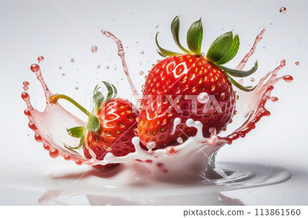 juicy strawberry falls from a height into a milky texture creating splashes, white background 113861560