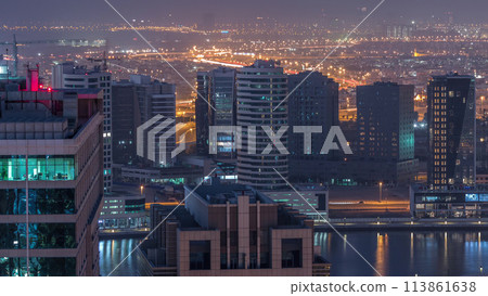 Dawn in big city Dubai from night to morning transition aerial timelapse 113861638