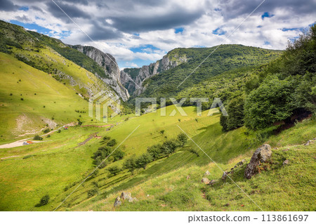 Amazing view of Turda Gorge (Cheile Turzii) natural reserve with marked trails for hikes on Hasdate river. 113861697