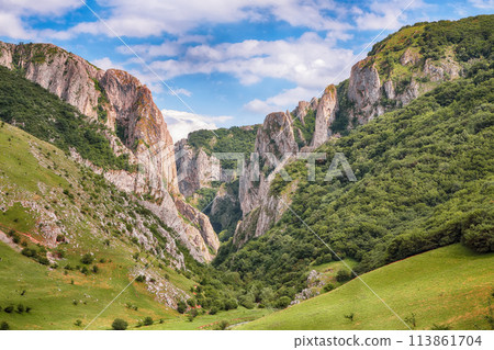 Amazing view of Turda Gorge (Cheile Turzii) natural reserve with marked trails for hikes on Hasdate river. 113861704