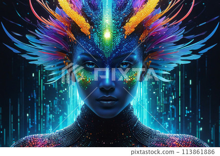 Sparkling otherworldly digital avatar pulsates with energy and light 113861886