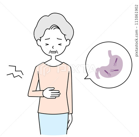 Helicobacter pylori Illustration of a senior woman with a stomach ache Helicobacter pylori Illustration of a senior woman with a stomach ache 113861902