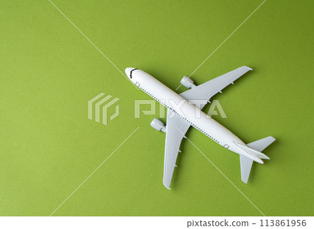Airline plane on green background. Airline. World communication and commercial flights. Arrival and departure. Passenger transportation. Ecology and success concept. Business and tourism. 113861956