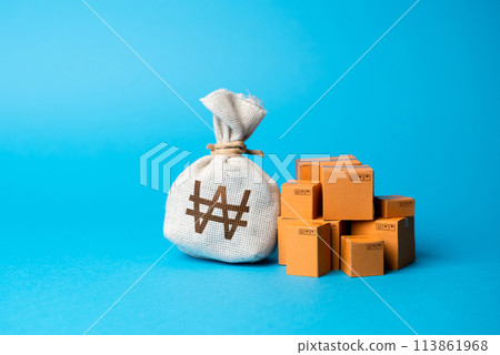 Boxes of goods and south korean won money bag. Trade deal. Import and export. Budget purchases, large purchase orders. Profit from sales and production of goods, economic growth. Boxes of goods and south korean won money bag. Trade deal. Import and export. Budget purchases, large purchase orders. Profit from sales and production of goods, economic growth. 113861968