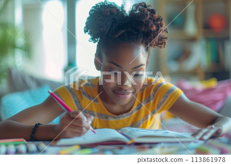 happy dark-skinned woman drawing with pencils in colouring book 113861978