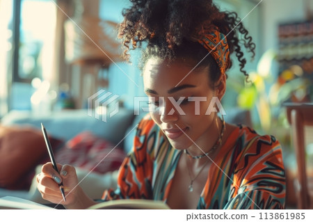 happy dark-skinned woman drawing with pencils in colouring book happy dark-skinned woman drawing with pencils in colouring book 113861985