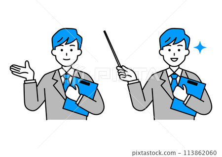 一群穿著西裝的男人拿著剪貼板並解釋 113862060