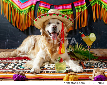 Funny dog in sombrero, with cocktails at party of Cinco de Mayo 113862061