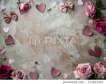 Pink roses and ranunculus with ribbons and paper Hearts, elegant concrete background Pink roses and ranunculus with ribbons and paper Hearts, elegant concrete background 113862081