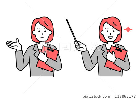 A woman in a suit holding a clipboard and explaining A woman in a suit holding a clipboard and explaining 113862178