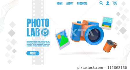 Photography camera. Photo lab landing page. 3D snapshot and reels. Website design template. Realistic photographic equipment. Pictures and likes render object. Vector web background Photography camera. Photo lab landing page. 3D snapshot and reels. Website design template. Realistic photographic equipment. Pictures and likes render object. Vector web background 113862186