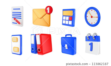 3D office icons. Business objects. Mail envelope. File folder and briefcase. Clock and calendar. Email notice. School stationery. Time watch. Document signature. Vector render signs set 3D office icons. Business objects. Mail envelope. File folder and briefcase. Clock and calendar. Email notice. School stationery. Time watch. Document signature. Vector render signs set 113862187