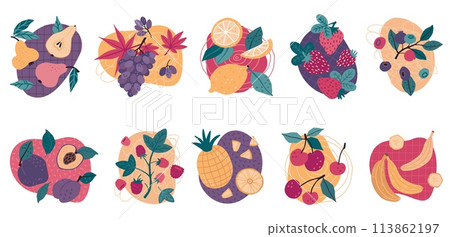 Abstract fruits. Raspberry and cherry berry, banana and pear, modern dessert with bilberry plant, summer grape and watermelon. Sweet tropical food. Label design. Vector cartoon flat set Abstract fruits. Raspberry and cherry berry, banana and pear, modern dessert with bilberry plant, summer grape and watermelon. Sweet tropical food. Label design. Vector cartoon flat set 113862197