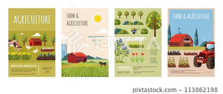 Farm posters. Agriculture field. Vegetable garden. Farmers orchard. Organic watercolor plants. Spring village with farming tractor or rural home. Countryside landscape. Vector banners set Farm posters. Agriculture field. Vegetable garden. Farmers orchard. Organic watercolor plants. Spring village with farming tractor or rural home. Countryside landscape. Vector banners set 113862198