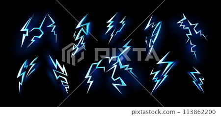 Thunder effect. Blue energy light, flash bolt power or 3d crack spark element, storm thunderbolt. High voltage glowing icon trendy logo design element. Vector illustration background 113862200