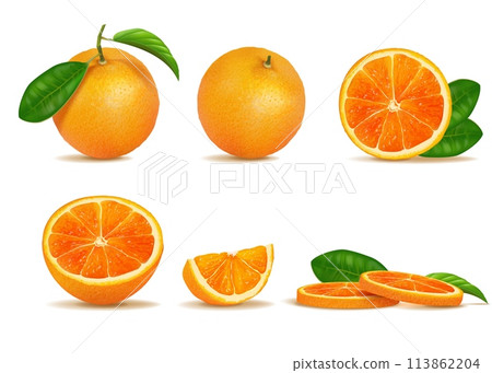 Orange slices. Fruit citrus half cut and whole, front and side view of vitamin food with green leaves. Ripe fresh mandarin for juice packaging label. Realistic isolated vector 3d set 113862204