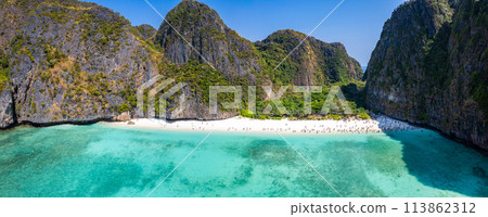 Aerial view of Maya bay beach in koh Phi Phi Leh, Krabi, Thailand Aerial view of Maya bay beach in koh Phi Phi Leh, Krabi, Thailand 113862312