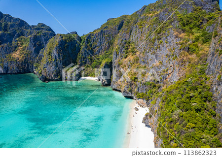 Aerial view of Maya bay beach in koh Phi Phi Leh, Krabi, Thailand Aerial view of Maya bay beach in koh Phi Phi Leh, Krabi, Thailand 113862323