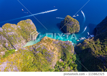 Aerial view of Maya bay beach in koh Phi Phi Leh, Krabi, Thailand Aerial view of Maya bay beach in koh Phi Phi Leh, Krabi, Thailand 113862325