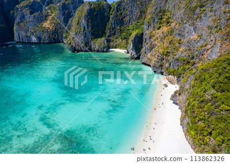 Aerial view of Maya bay beach in koh Phi Phi Leh, Krabi, Thailand Aerial view of Maya bay beach in koh Phi Phi Leh, Krabi, Thailand 113862326
