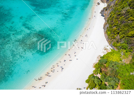 Aerial view of Maya bay beach in koh Phi Phi Leh, Krabi, Thailand 113862327