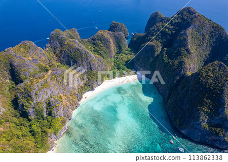 Aerial view of Maya bay beach in koh Phi Phi Leh, Krabi, Thailand Aerial view of Maya bay beach in koh Phi Phi Leh, Krabi, Thailand 113862338