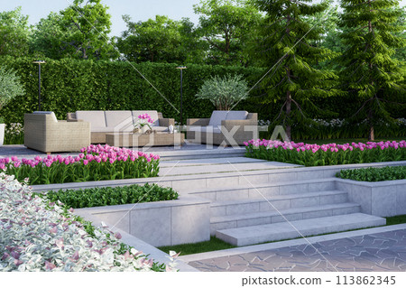 Modern contemporary loft style terrace with outdoor rattan furniture 3d render 113862345