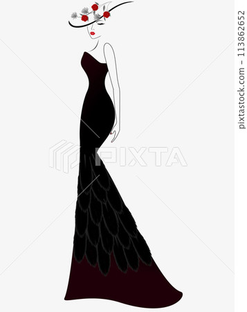 Girl in a black long dress and a hat with roses...-插圖素材 [113862652 ...
