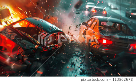 Road accident involving two cars at speed 113862678