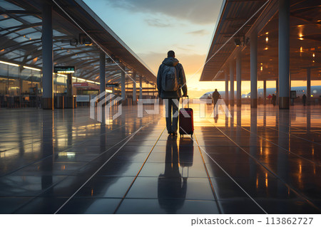 silhouette of business traveler man with luggage bag in the station hall 113862727